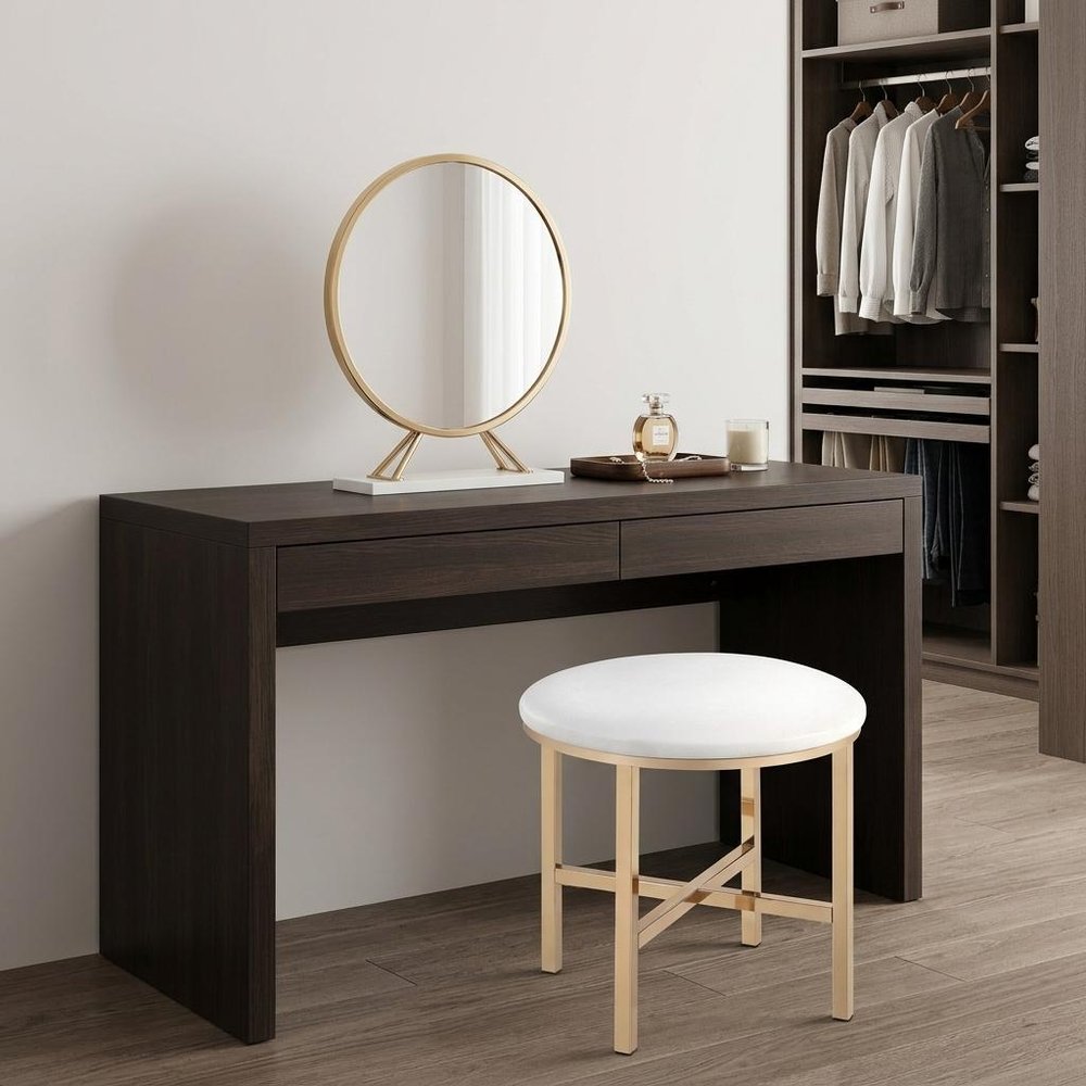 Set of Two Gold Metal and Faux Leather Round Freestanding Makeup Mirror and Stool