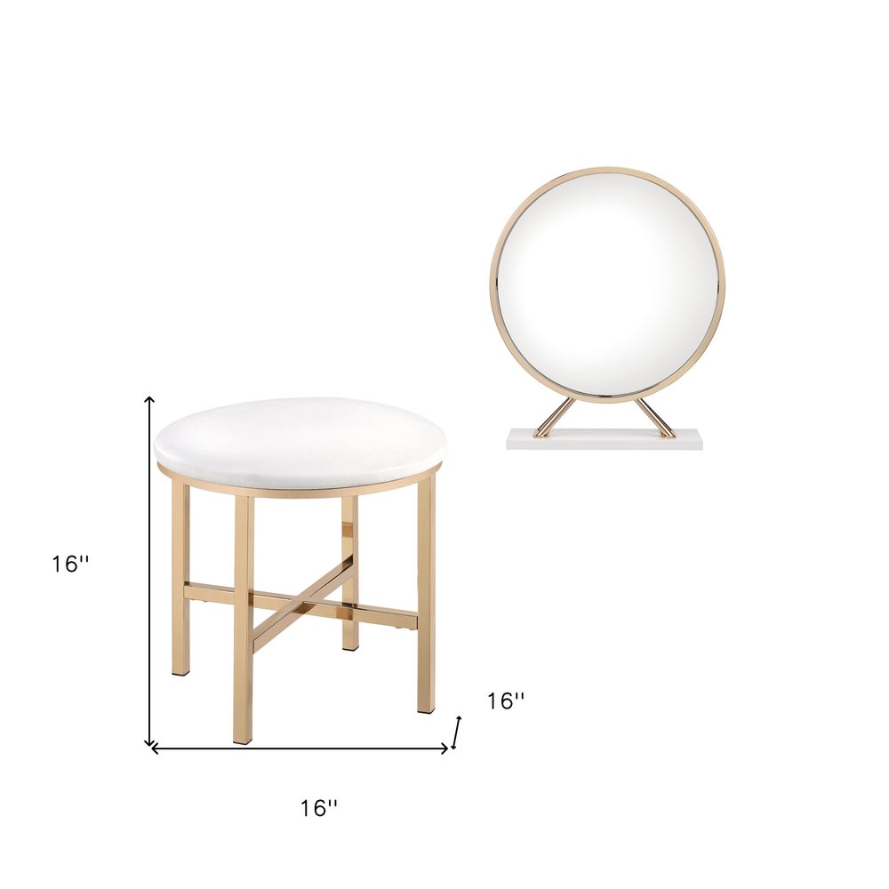 Set of Two Gold Metal and Faux Leather Round Freestanding Makeup Mirror and Stool