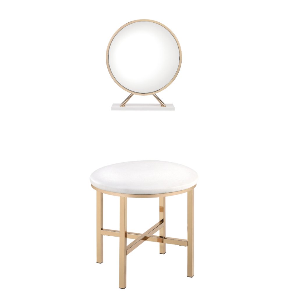 Set of Two Gold Metal and Faux Leather Round Freestanding Makeup Mirror and Stool