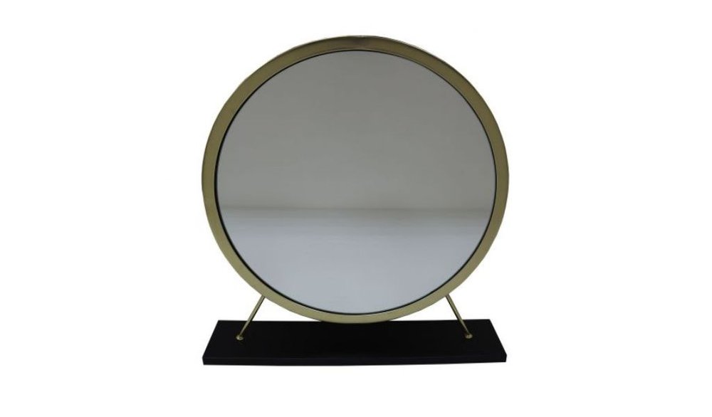 Set of Two Gold Black and White Metal and Faux Fur Freestanding Makeup Mirror and Stool