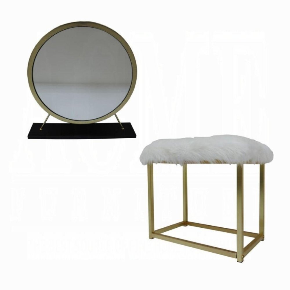 Set of Two Gold Black and White Metal and Faux Fur Freestanding Makeup Mirror and Stool