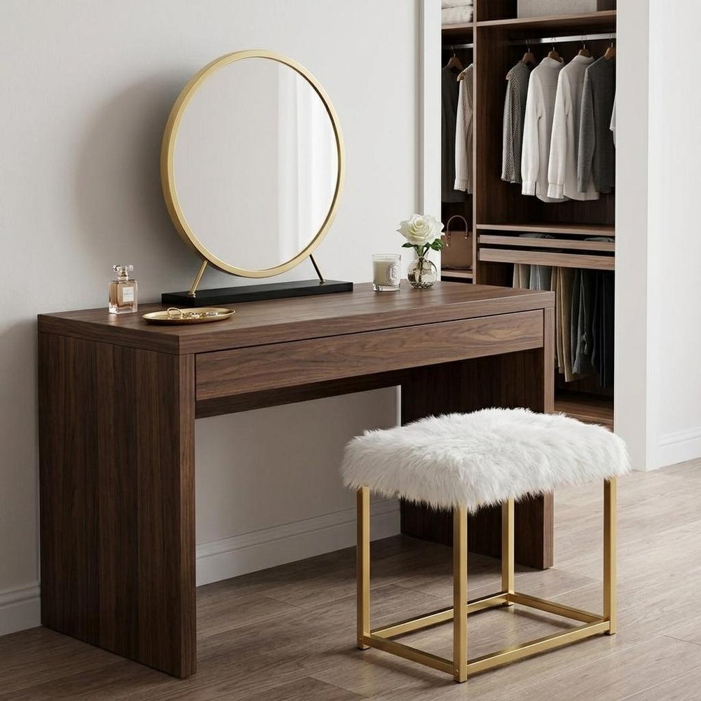 Set of Two Gold Black and White Metal and Faux Fur Freestanding Makeup Mirror and Stool