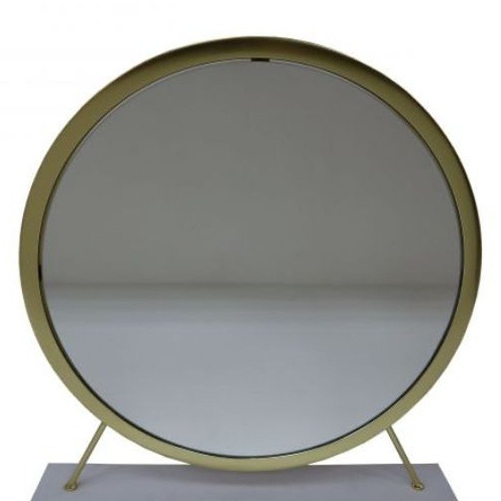 Brass Metal Round Freestanding Ornate Framed Makeup Shaving Tabletop Mirror