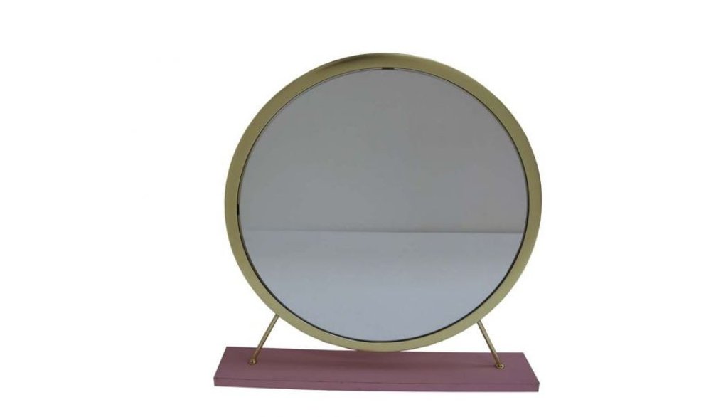 Brass Metal Round Freestanding Ornate Framed Makeup Shaving Tabletop Mirror