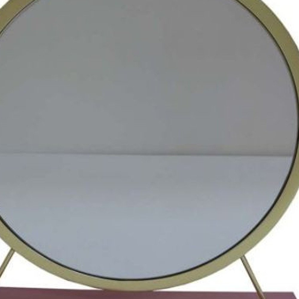 Brass Metal Round Freestanding Ornate Framed Makeup Shaving Tabletop Mirror