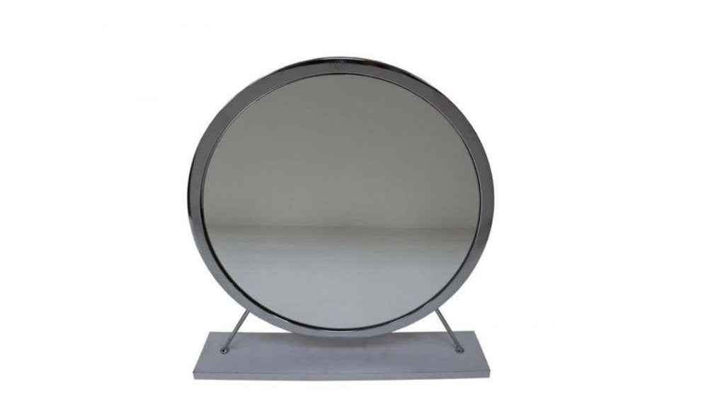 Gray Metal Round Freestanding Ornate Framed Makeup Shaving Tabletop Mirror