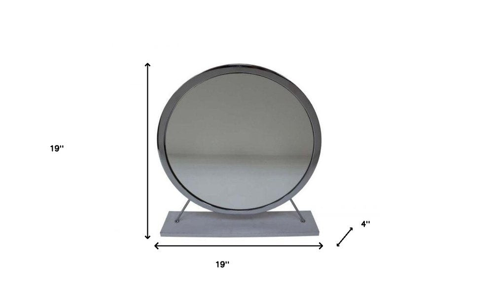 Gray Metal Round Freestanding Ornate Framed Makeup Shaving Tabletop Mirror