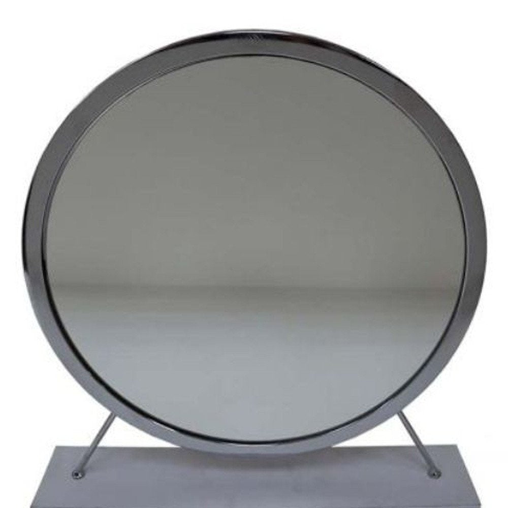 Gray Metal Round Freestanding Ornate Framed Makeup Shaving Tabletop Mirror