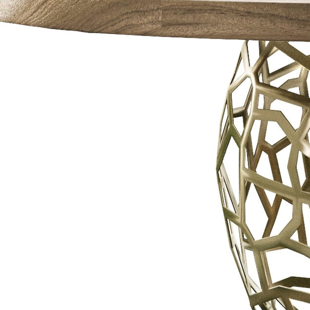 Brown and Brass Rounded Solid Wood and Iron Pedestal Base Dining Table - 63-inch