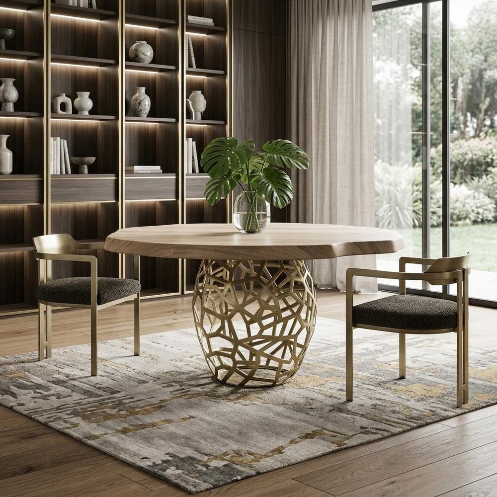 Brown and Brass Rounded Solid Wood and Iron Pedestal Base Dining Table - 63-inch