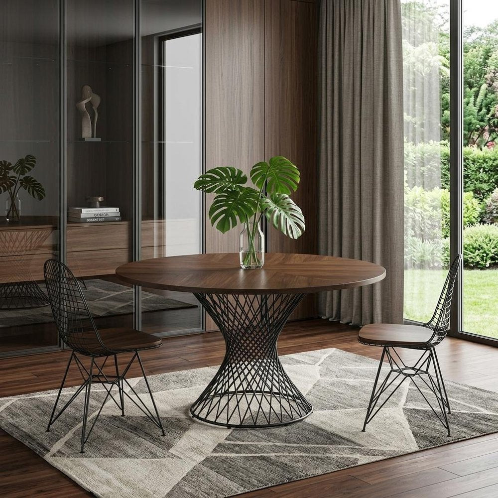 Brown and Black Rounded Solid Manufactured Wood and Iron Pedestal Base Dining Table