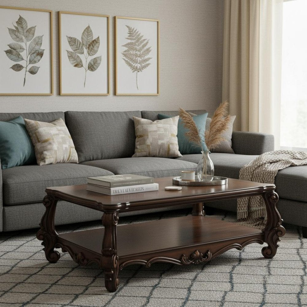 Brown and Dark Brown Wood Coffee Table with Shelf - 59-inch