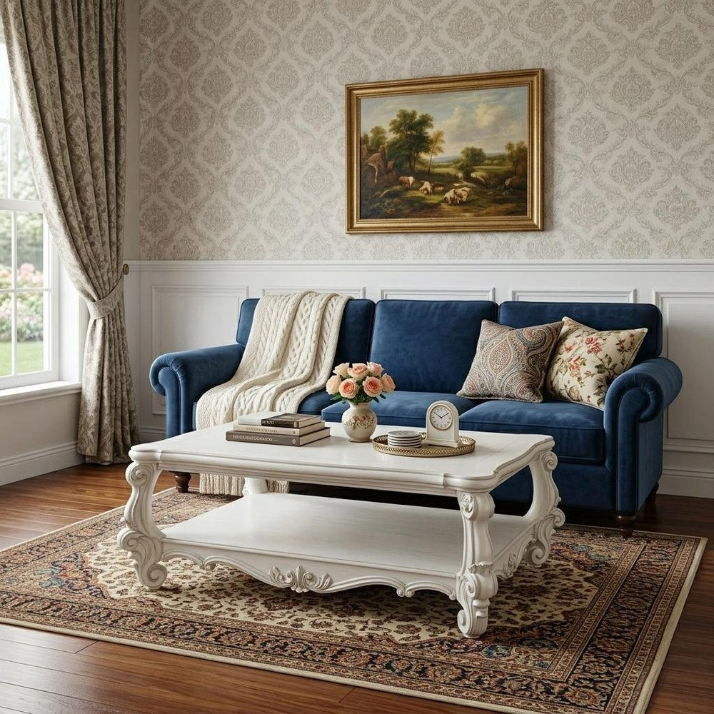 Antiqued White Wood Coffee Table with Shelf - 57-inch