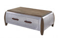 Brown and Gray Solid Wood and Aluminum Solid Coffee Table with Drawer