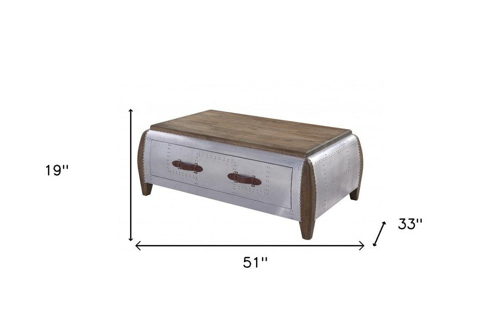 Brown and Gray Solid Wood and Aluminum Solid Coffee Table with Drawer