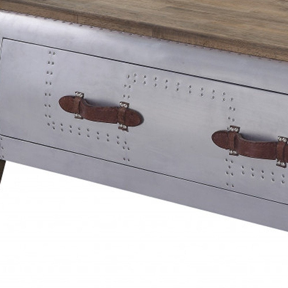 Brown and Gray Solid Wood and Aluminum Solid Coffee Table with Drawer