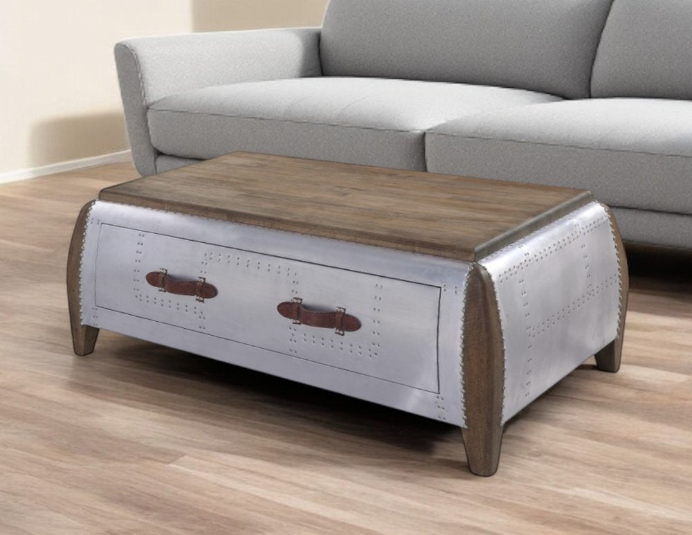Brown and Gray Solid Wood and Aluminum Solid Coffee Table with Drawer