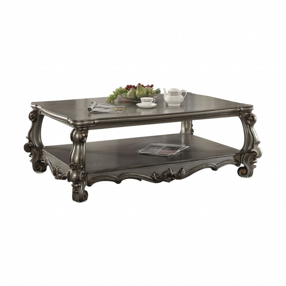 Gray Wood and Polyresin Coffee Table with Shelf - 59-inch