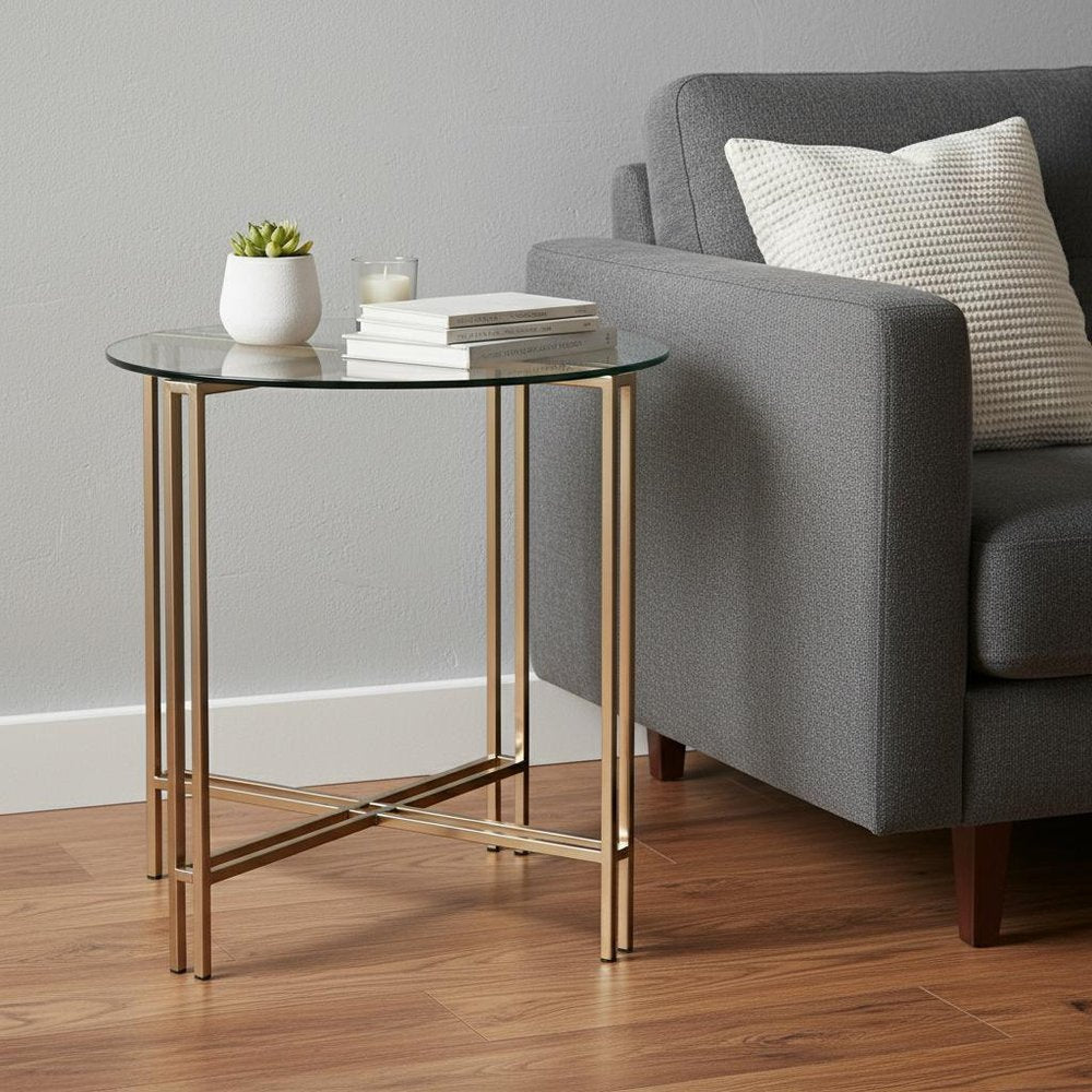 Champagne and Clear Glass and Metal Round End Table - 24-inch