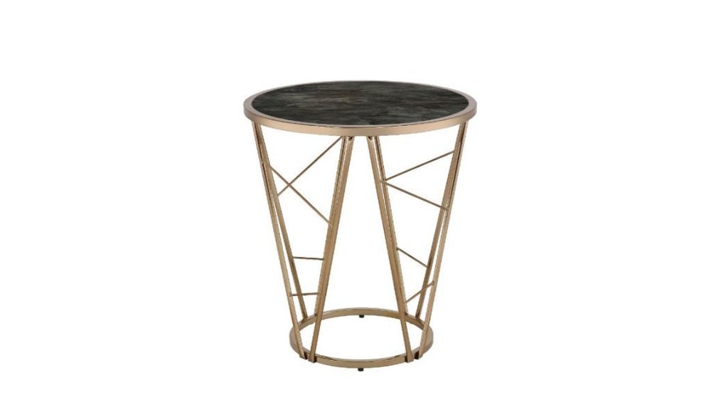 Champagne and Black Faux Marble Glass and Metal Round End Table