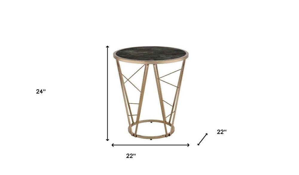 Champagne and Black Faux Marble Glass and Metal Round End Table