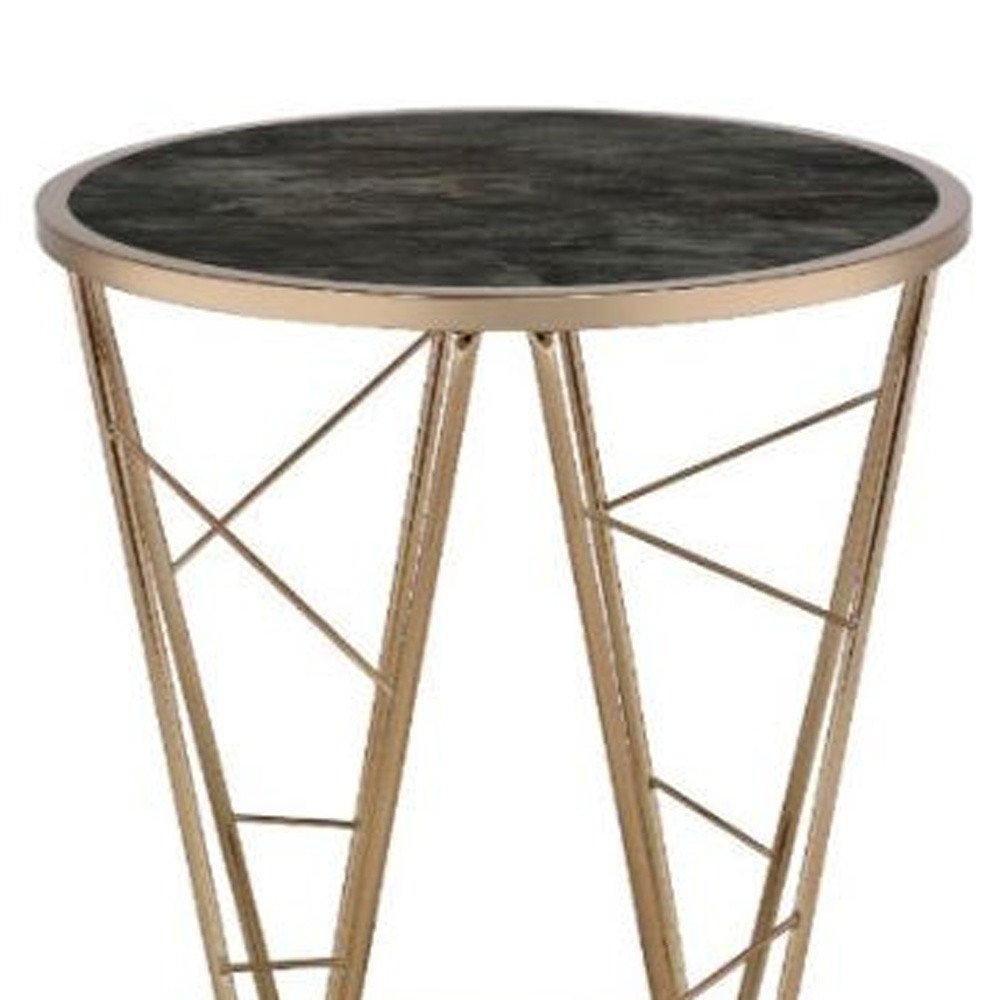 Champagne and Black Faux Marble Glass and Metal Round End Table
