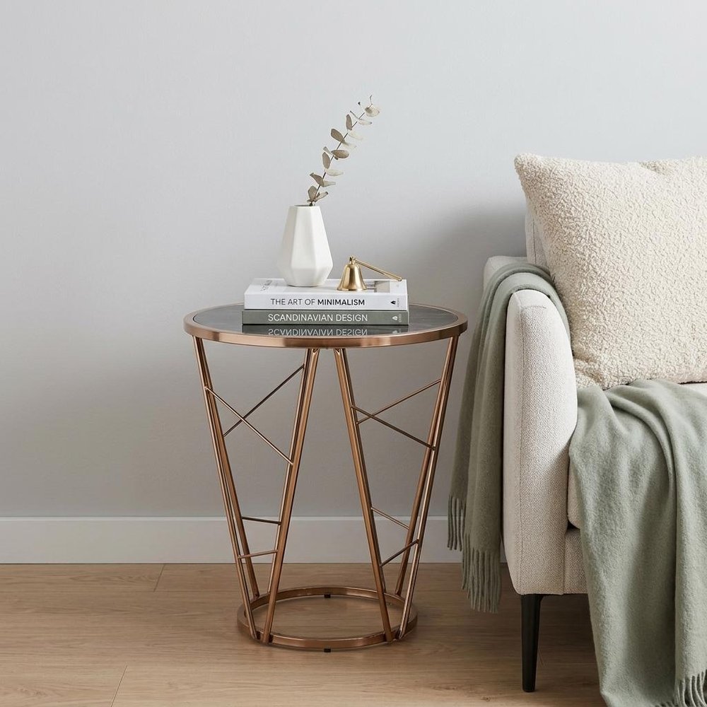 Champagne and Black Faux Marble Glass and Metal Round End Table