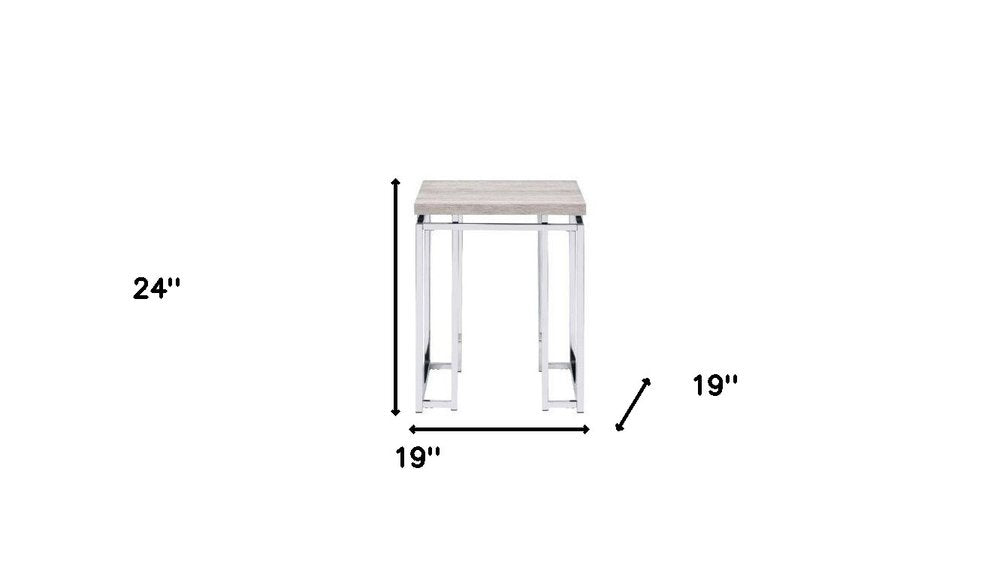 Chrome and Natural Oak Manufactured Wood and Metal Square End Table