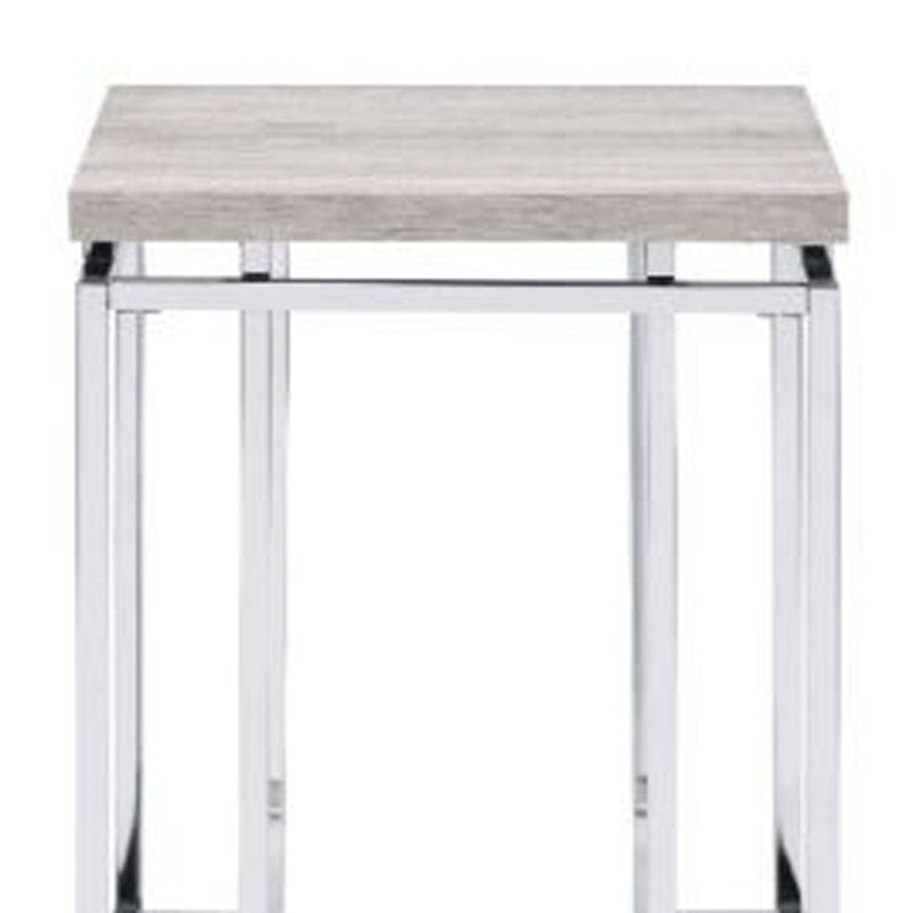 Chrome and Natural Oak Manufactured Wood and Metal Square End Table