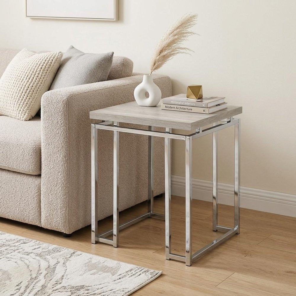 Chrome and Natural Oak Manufactured Wood and Metal Square End Table