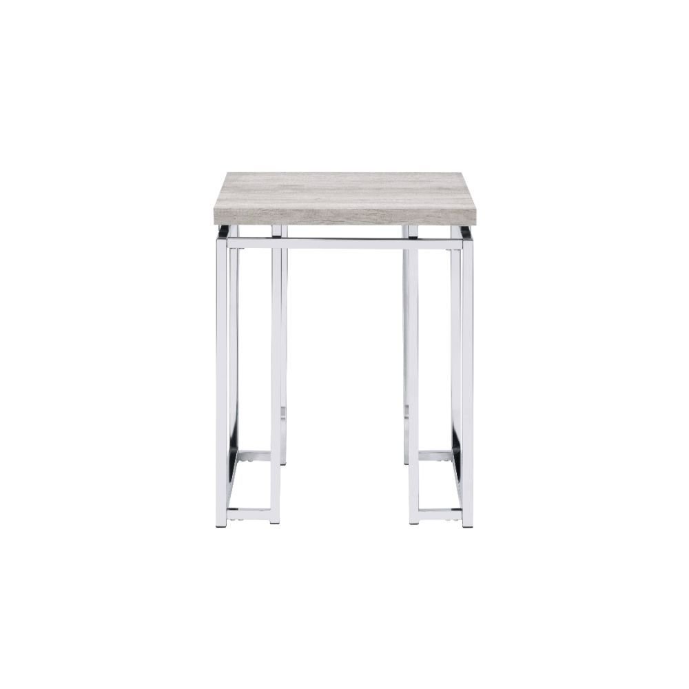 Chrome and Natural Oak Manufactured Wood and Metal Square End Table