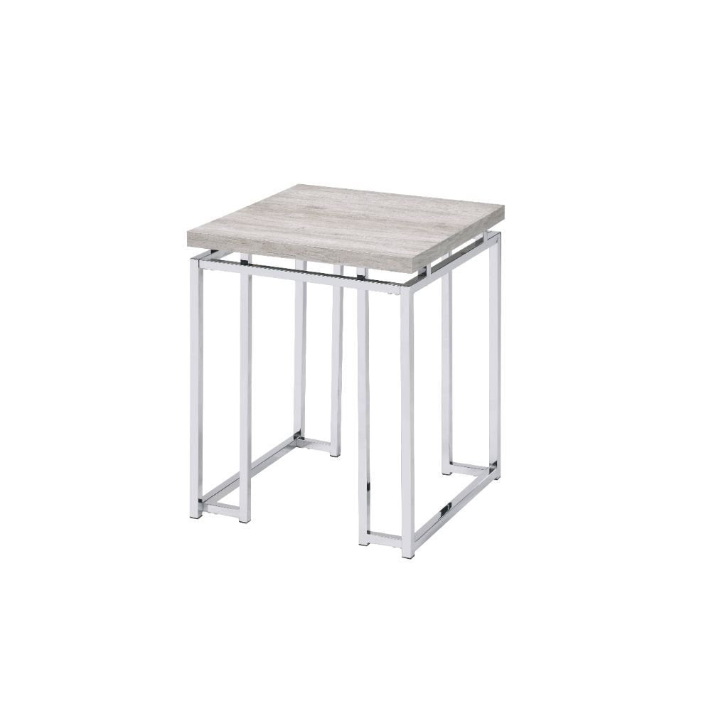 Chrome and Natural Oak Manufactured Wood and Metal Square End Table