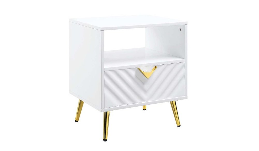 White Manufactured Wood and Metal Rectangular End Table with Drawer and Shelf