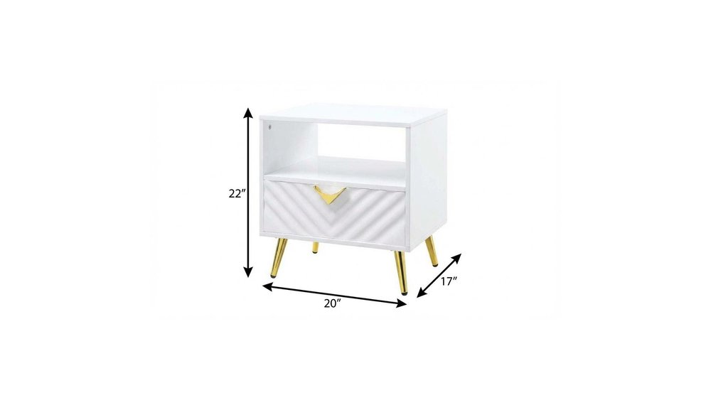 White Manufactured Wood and Metal Rectangular End Table with Drawer and Shelf