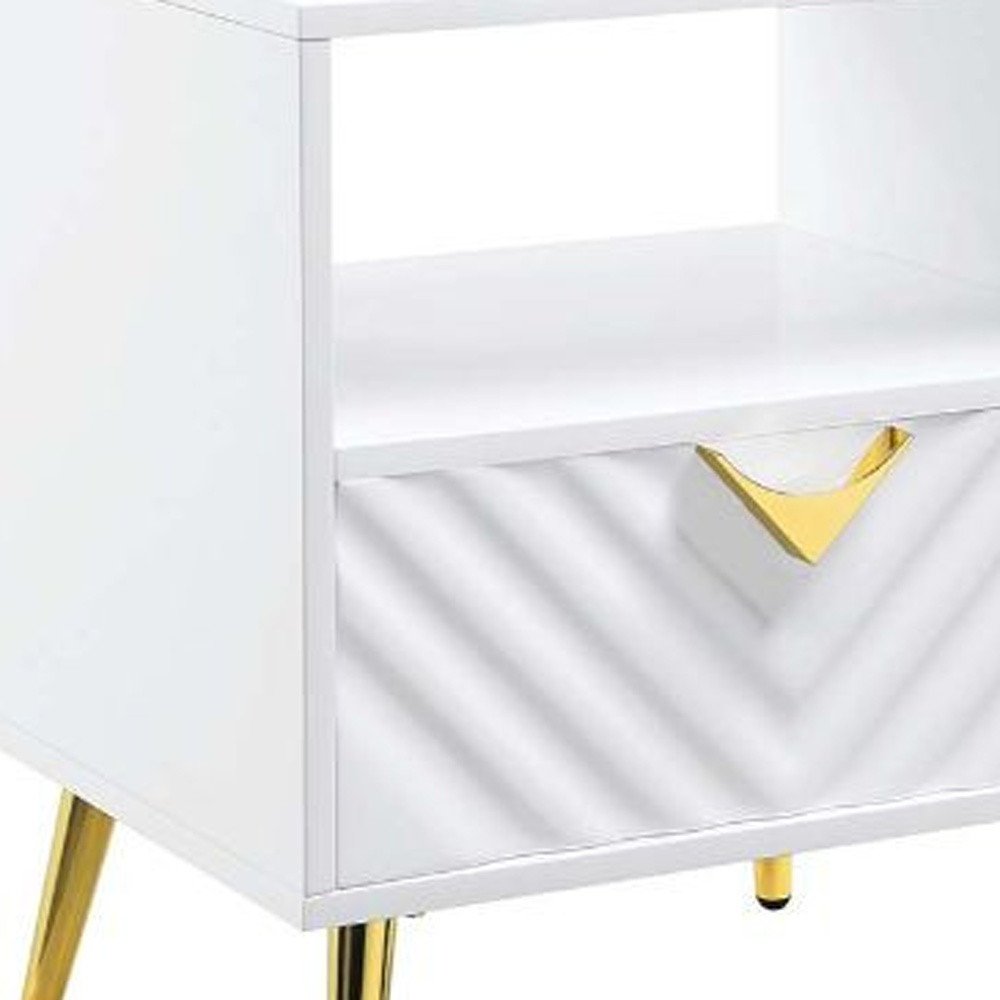 White Manufactured Wood and Metal Rectangular End Table with Drawer and Shelf