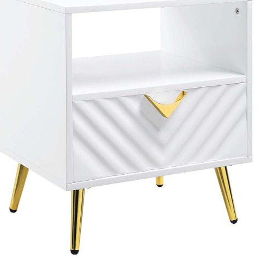 White Manufactured Wood and Metal Rectangular End Table with Drawer and Shelf