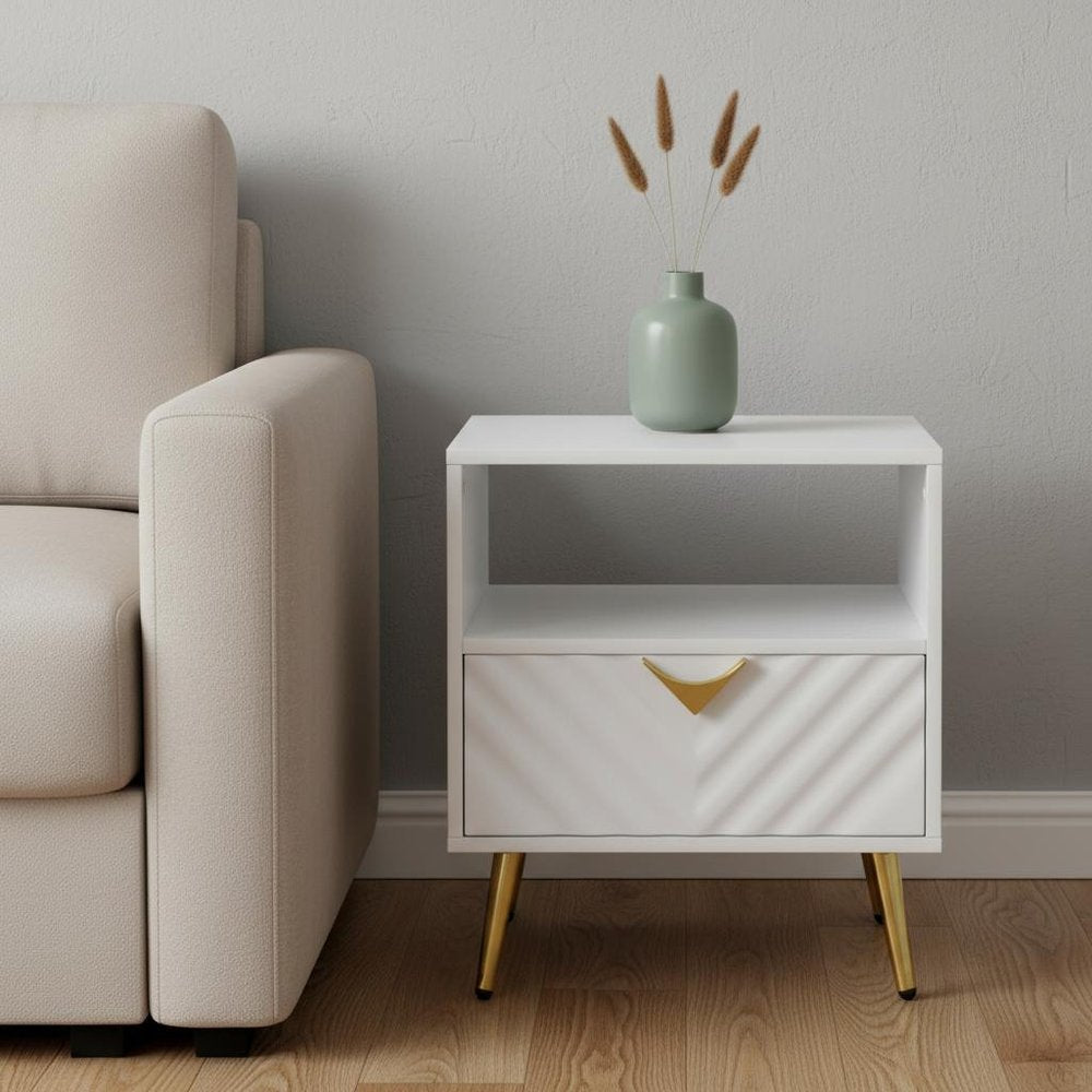 White Manufactured Wood and Metal Rectangular End Table with Drawer and Shelf