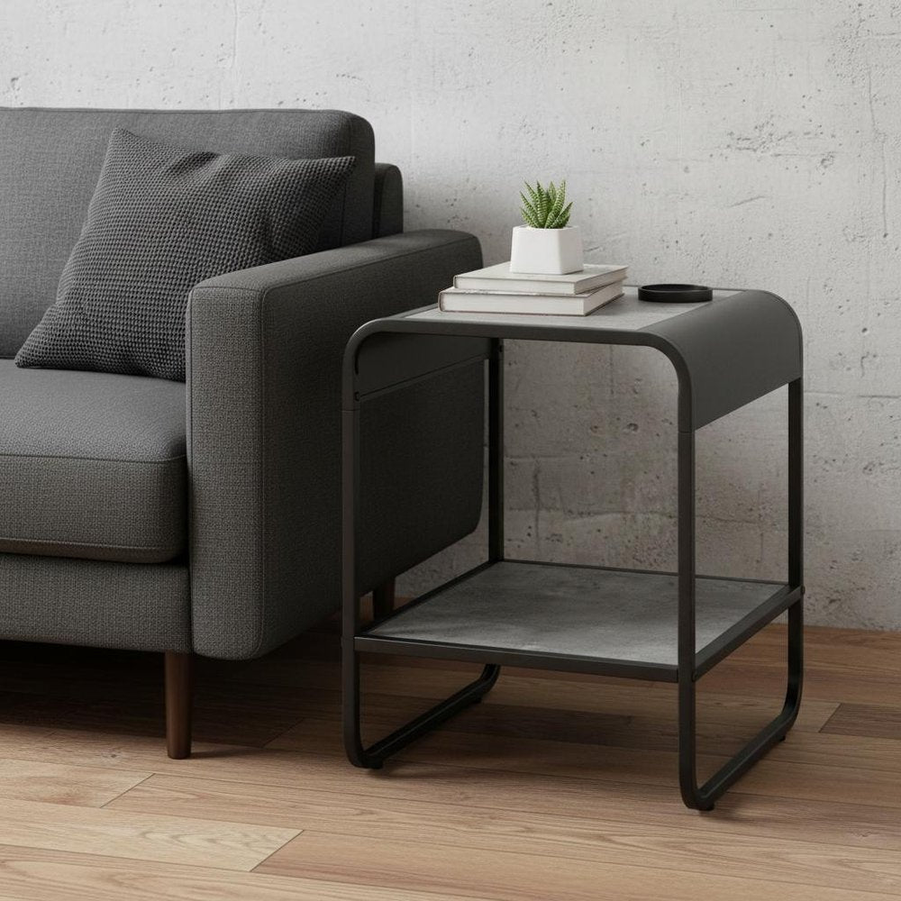 Black and Concrete Gray Manufactured Wood and Metal Rectangular End Table with Shelf