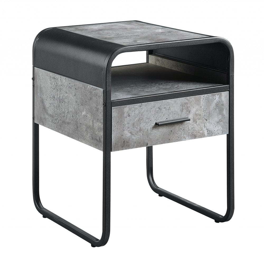 Black and Gray Wood and Metal Square End Table with Drawer and Shelf