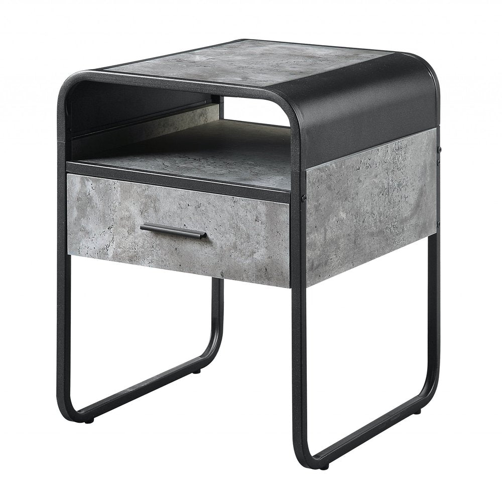 Black and Gray Wood and Metal Square End Table with Drawer and Shelf