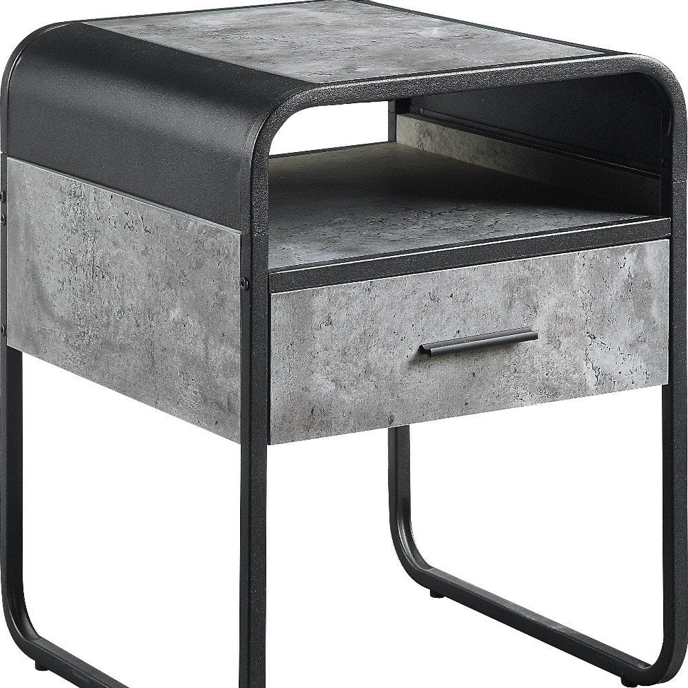 Black and Gray Wood and Metal Square End Table with Drawer and Shelf