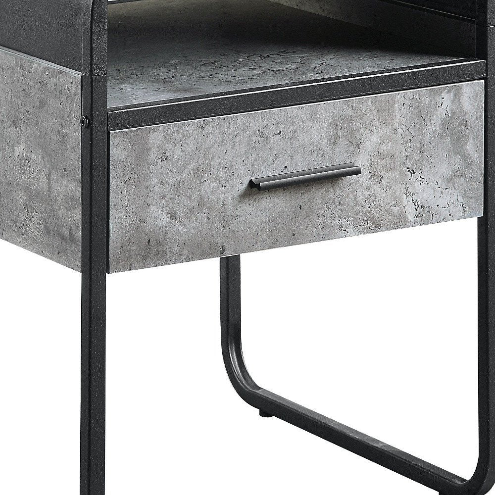 Black and Gray Wood and Metal Square End Table with Drawer and Shelf