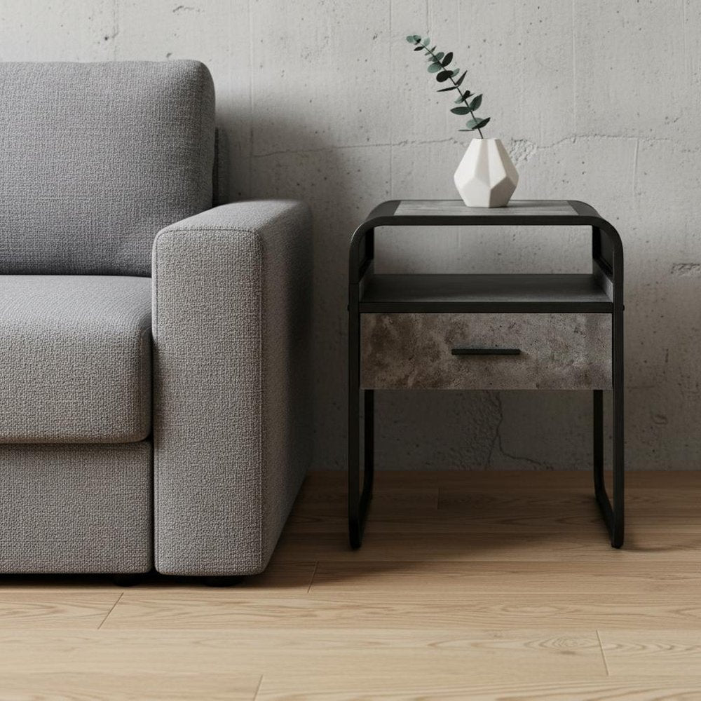 Black and Gray Wood and Metal Square End Table with Drawer and Shelf