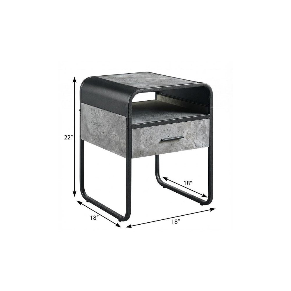 Black and Gray Wood and Metal Square End Table with Drawer and Shelf