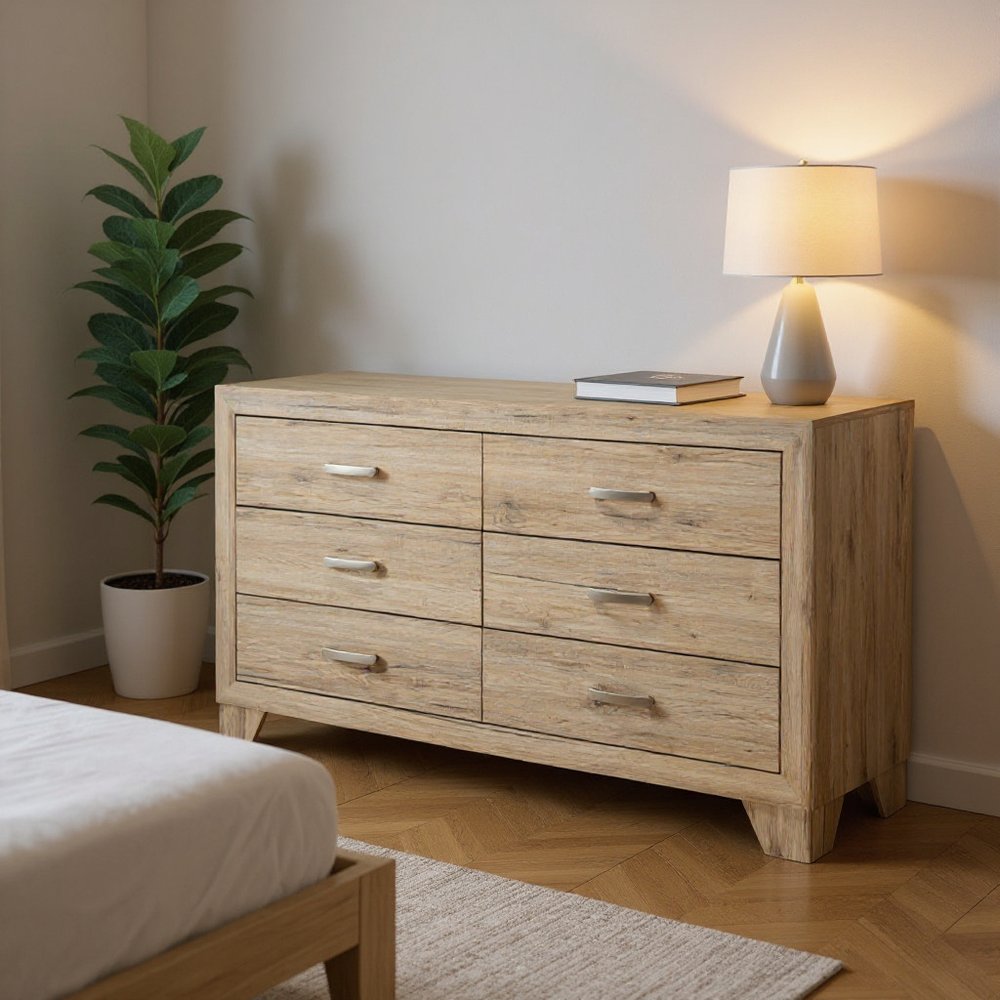 Natural Brown Manufactured Wood Six Drawer Double Dresser - 59-inch
