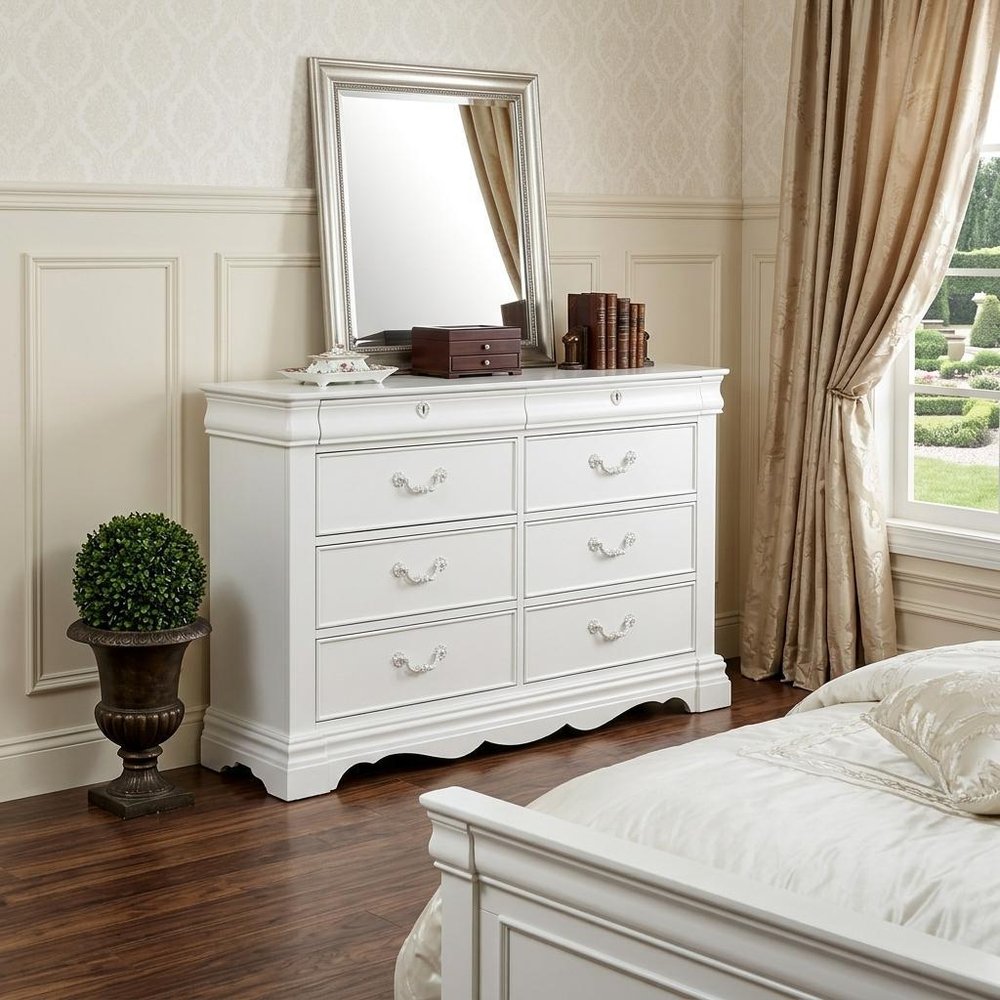White Solid Wood Eight Drawer Double Dresser - 56-inch