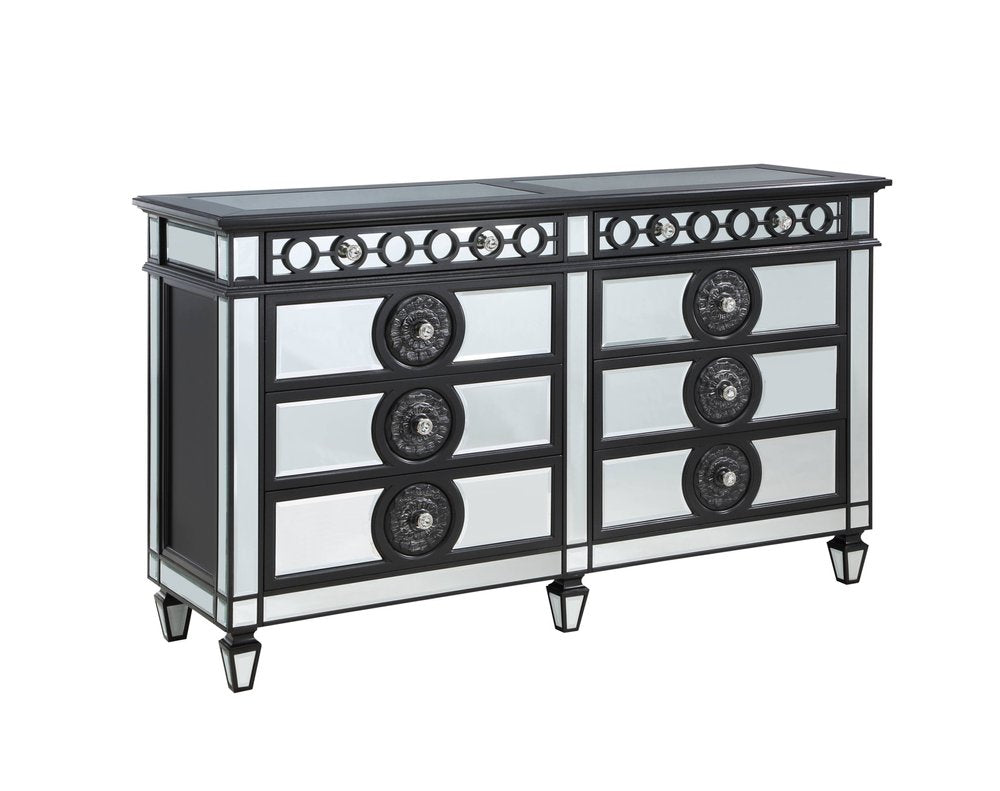 Black and Silver Solid and Manufactured Wood Mirrored Eight Drawer Double Dresser