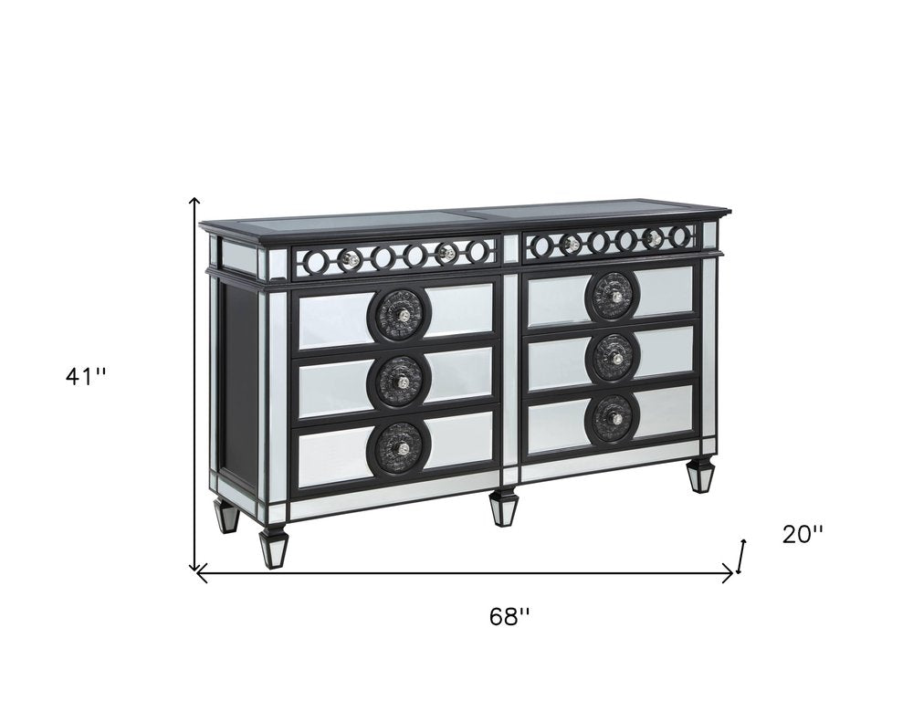 Black and Silver Solid and Manufactured Wood Mirrored Eight Drawer Double Dresser
