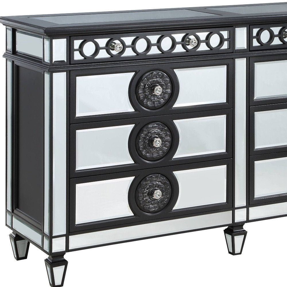 Black and Silver Solid and Manufactured Wood Mirrored Eight Drawer Double Dresser