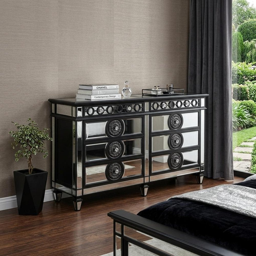 Black and Silver Solid and Manufactured Wood Mirrored Eight Drawer Double Dresser